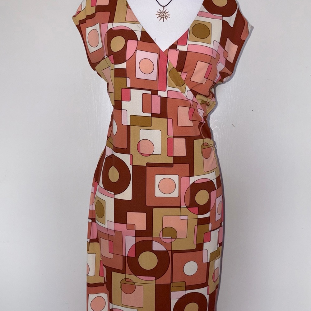 Geometric Y2K Vintage Print Wrap-Style Midi Dress in Brown and Pink